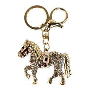 Golden Horse Rhinestone Keychain Ornament With Moveable Tail, Gift For Horse Lov